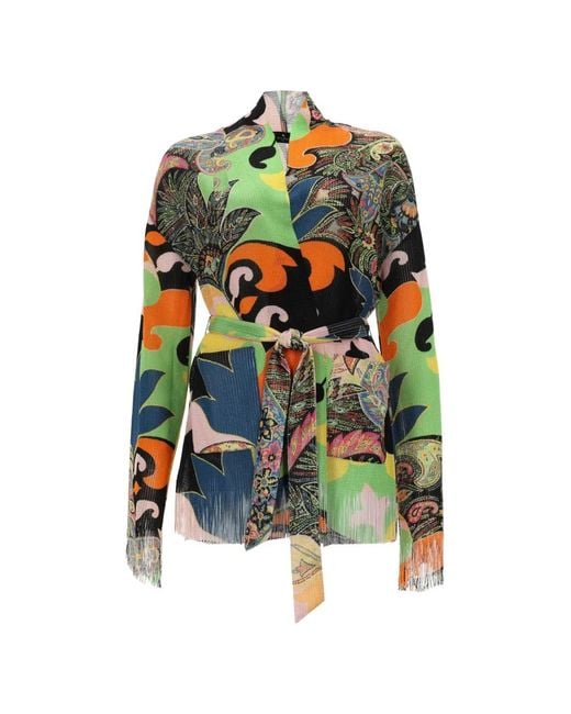 Etro Green Paisley-Print Fringed-Edge Cardigan