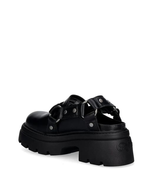 Buffalo Black Vega Clog Buckle Studded Platform Mules
