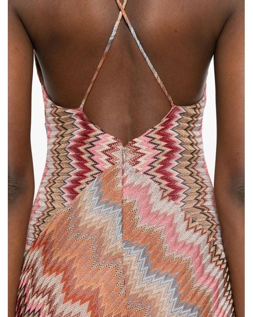 Missoni Multicolor Rust-Colored Snake-Pattern Chevron Viscose Long Dress With Crossed Straps