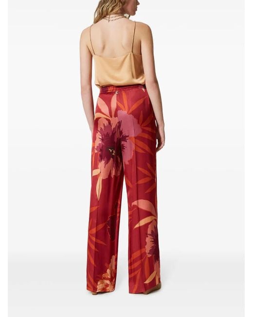 Twinset Red Floral-Print Wide-Leg Trousers