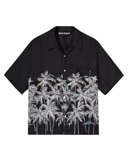 Palm Angels Black Palm Tree-Print Silk Shirt for men