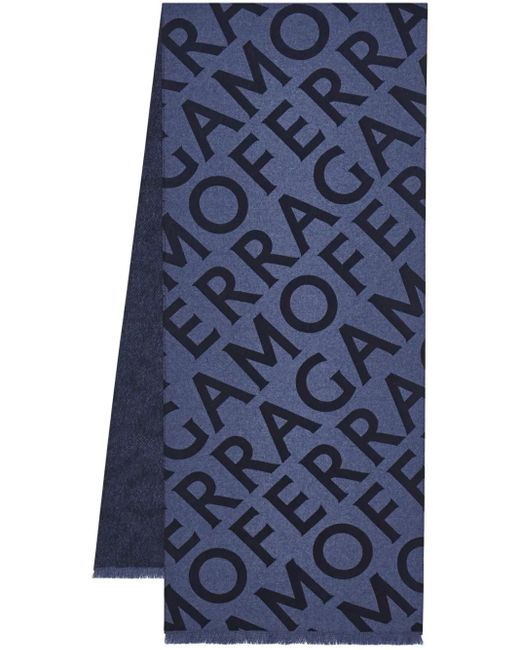 Ferragamo Blue Logo Print Reversible Wool Scarf for men