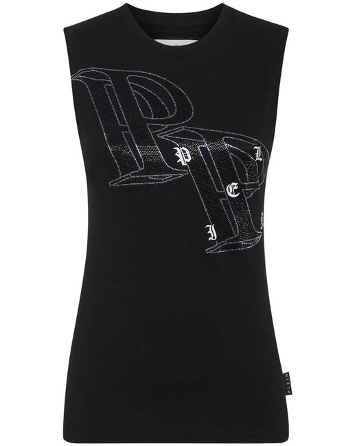 Philipp Plein Black Crystal-Embellished Logo-Print Tank Top