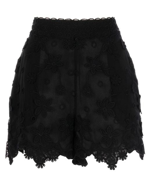 Elie Saab Black Floral-embroidered Silk Shorts