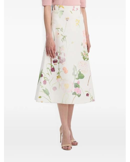 Oscar de la Renta White Botanical-Print Denim Skirt