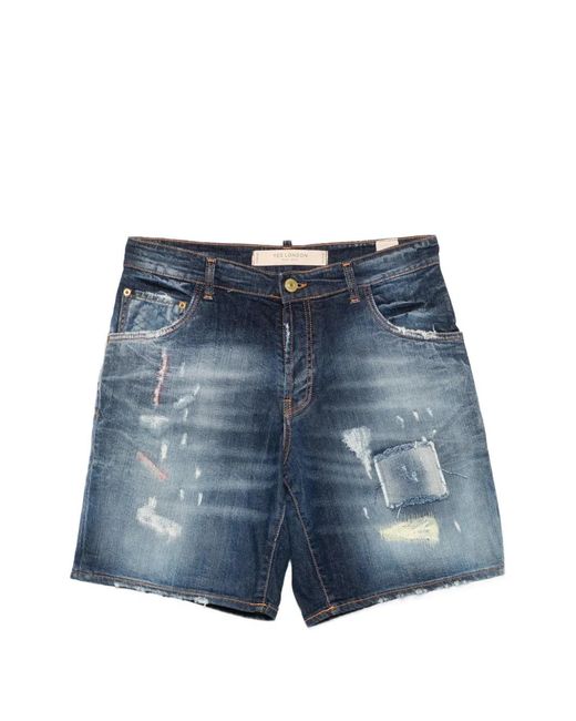 Yes London Blue Distressed Patchwork-Detail Shorts for men