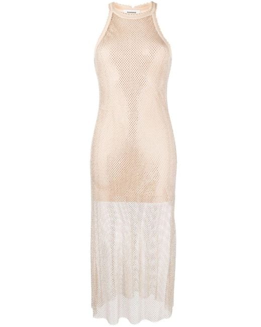 Sandro White Rhinestone-embellished Knit Mesh Dress