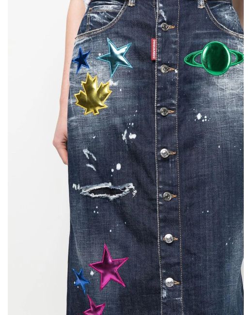 DSquared² Blue Distressed Patch-Detail Denim Skirt