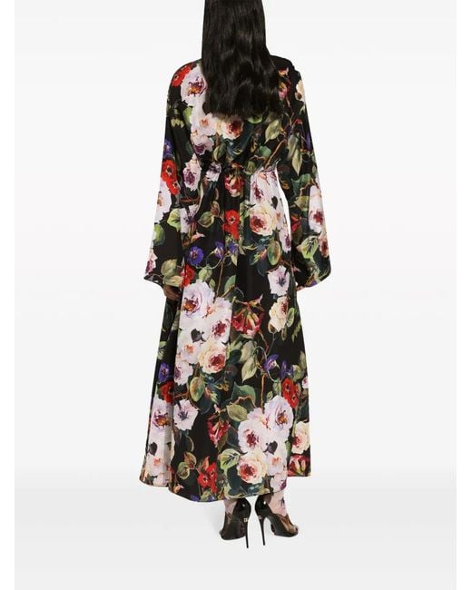 Dolce & Gabbana Black Rose-Print Silk Shirtdress