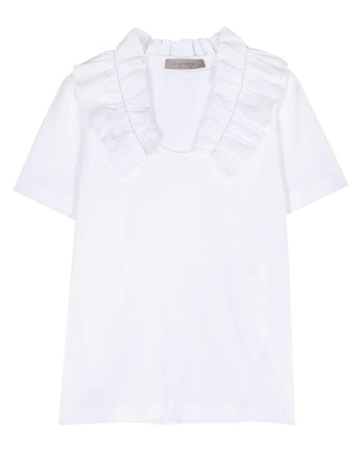 D.exterior White Ruffled-Collar Jersey T-Shirt