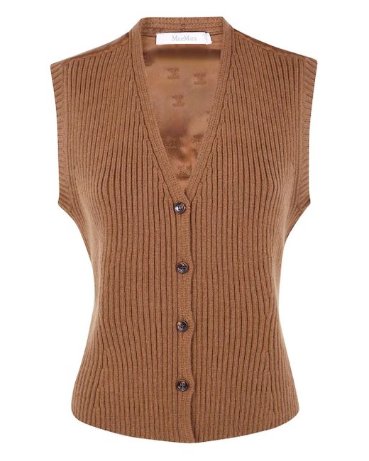 Max Mara Brown V-Neck Ribbed-Knit Vest