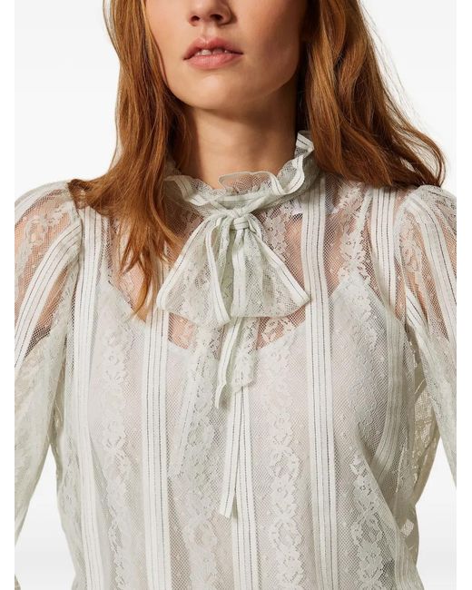 Twinset White Striped Lace Blouse With Bow