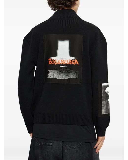 Balenciaga Black Logo-Patch Ribbed-Knit Cardigan for men