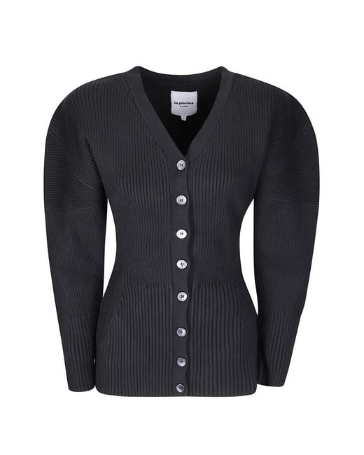 LA PISCINE Blue Ribbed-Knit V-Neck Cardigan