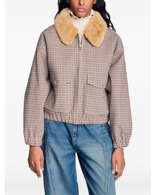 Sandro Brown Checked-Pattern Bomber Jacket