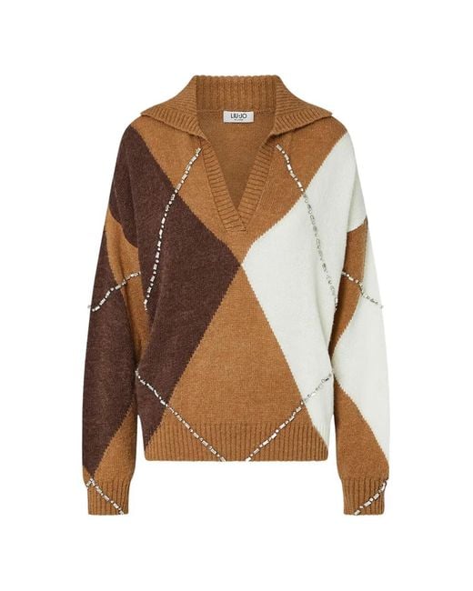 Liu Jo Brown Argyle Polo With Jewel Embroidery
