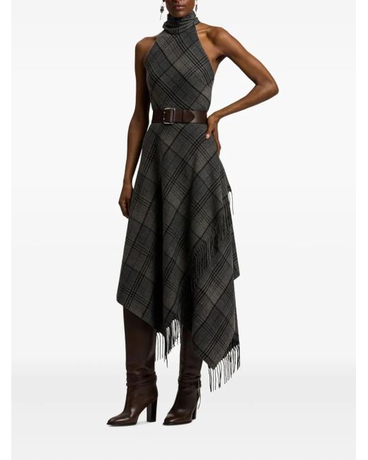 Ralph Lauren Gray Fringed Plaid Wrap Midi Skirt