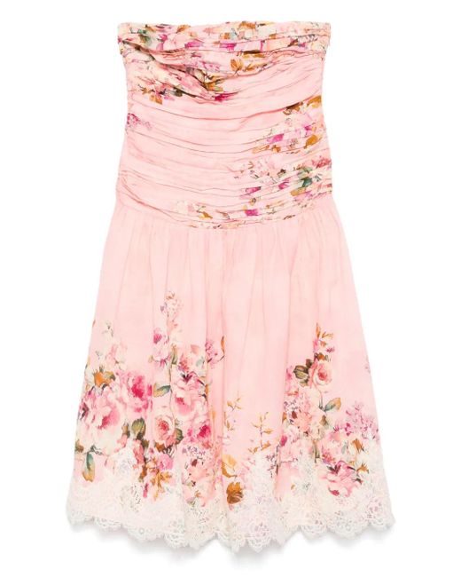 Hemant & Nandita Pink Floral-Print Lace-Trimmed Dress