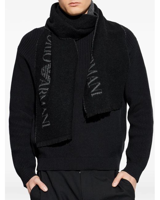 Emporio Armani Black Logo-Detail Fringed Scarf for men