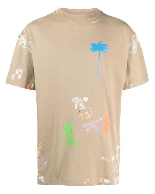 Palm Angels Palm-print Paint-splatter T-shirt in Brown for