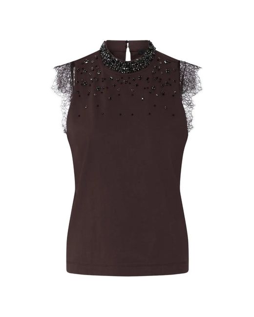 Liu Jo Brown Lace-Trim Rhinestone-Embellished T-Shirt