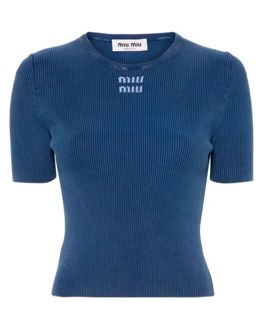 Top corto con logo en intarsia Miu Miu de color Blue