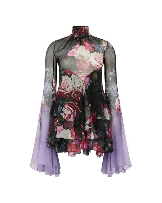 Roberto Cavalli Black Floral-Print Ruffled Dress