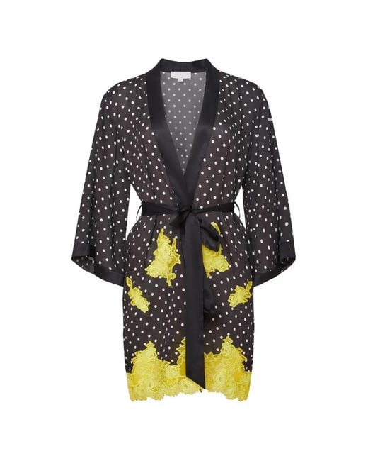 Fleur du Mal Black Juliet Lace-Trim Polka-Dot Robe