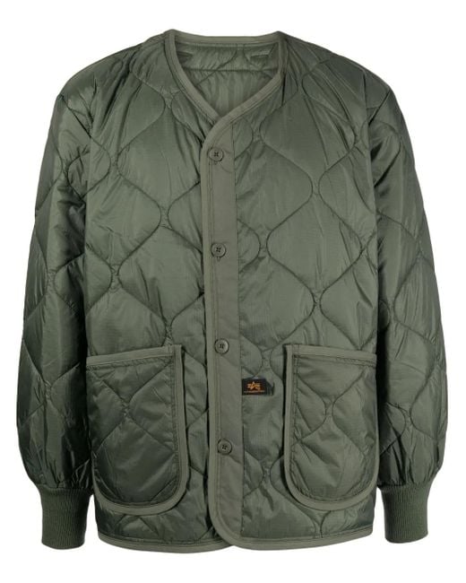 Alpha Industries Green Logo-Patch Quilted Jacket for men