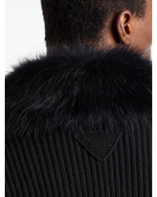 Prada Black Faux-Fur Collar Cardigan for men