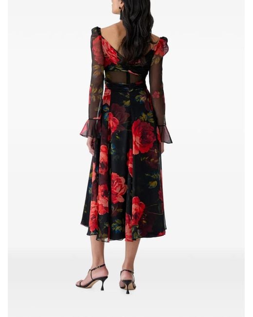 Carolina Herrera Red Rose-Print Silk Midi Dress