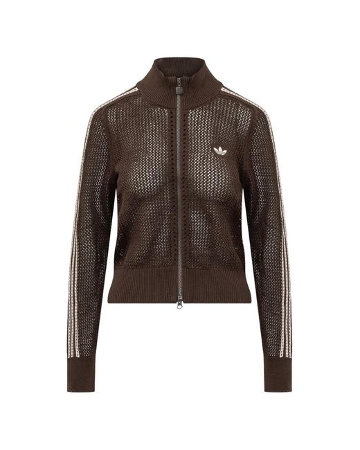 Adidas Brown Crochet-Knit 3-Stripes Cardigan