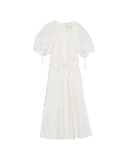 3.1 Phillip Lim White Poplin Ruched-Sleeve Midi Dress