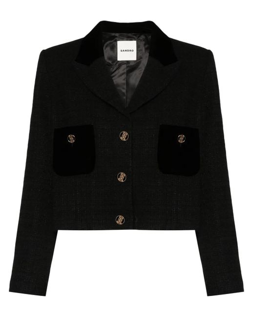 Sandro Black Velvet Tweed Cropped Jacket