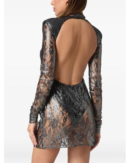 Philipp Plein Gray Crystal Lace Mini Dress