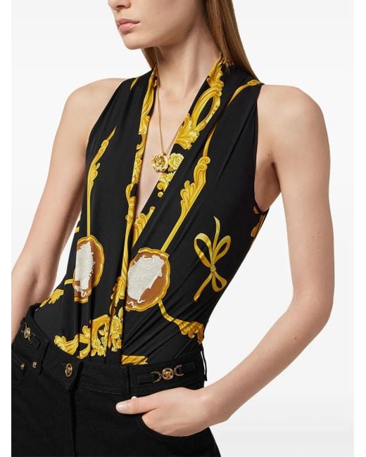 Versace Black Cameo Silk Draped Bodysuit