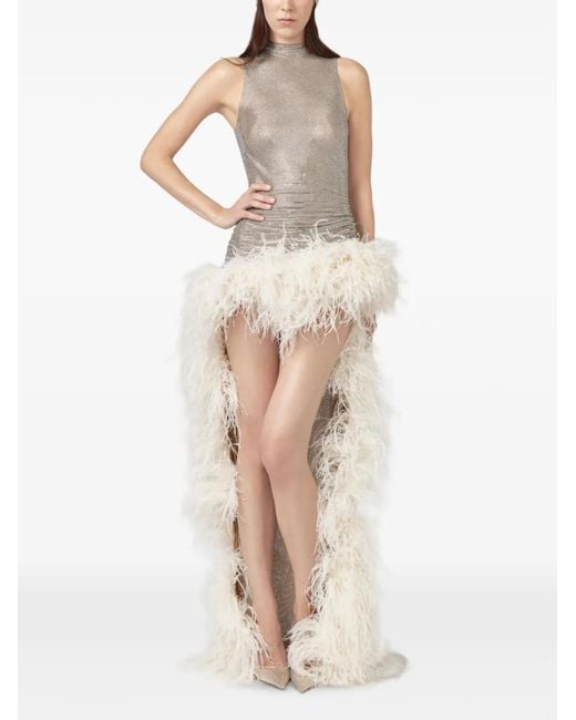 GIUSEPPE DI MORABITO Natural Feather-Trim Rhinestone-Embellished Maxi Dress