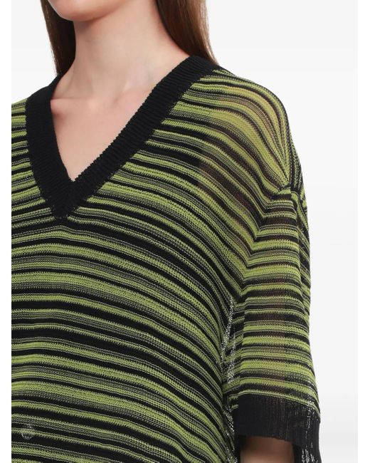 Ganni Green Striped V-Neck T-Shirt