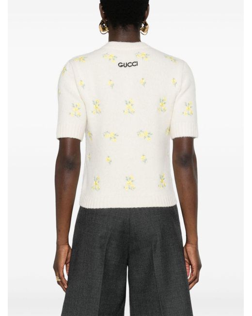 Gucci Natural Floral-embroidered Crop Top