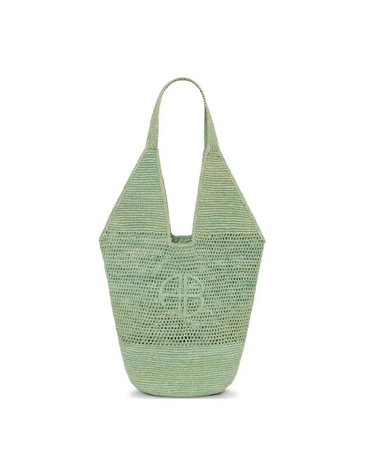 Anine Bing Green Leah Logo Raffia Tote Bag