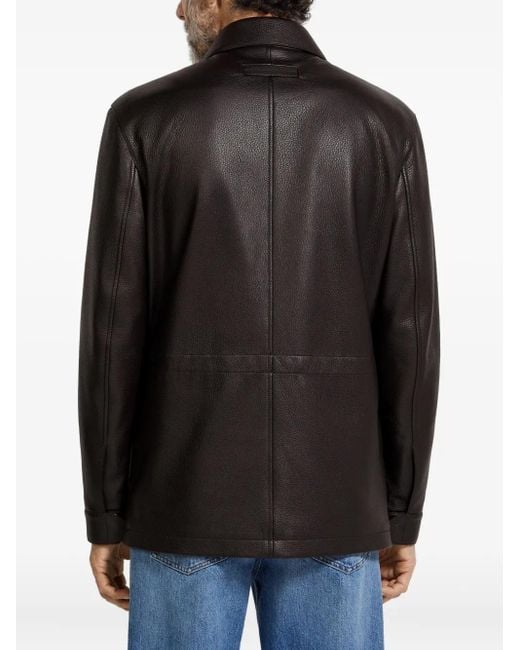 Zegna Black Leather Flap-Pockets Jacket for men