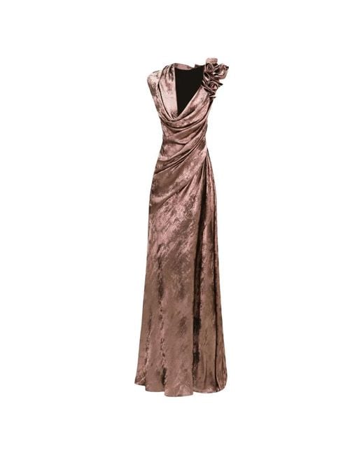 Gemy Maalouf Brown Shimmer Sandwash Flowers Maxi Dress
