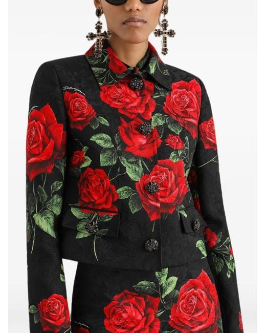 Dolce & Gabbana Red Rose-Print Brocade Jacket With Jewel Buttons