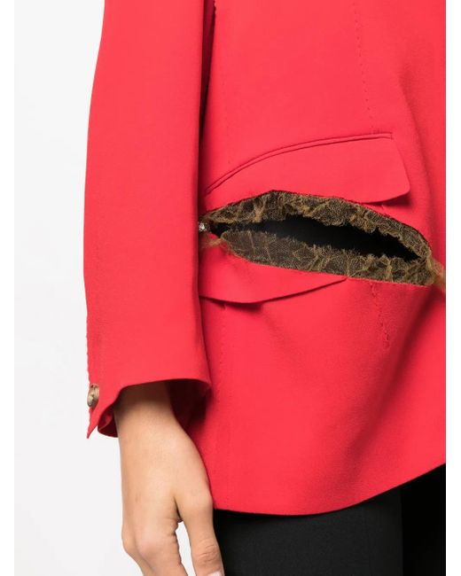 Undercover Red Boxy Distressed Tulle-Trim Blazer
