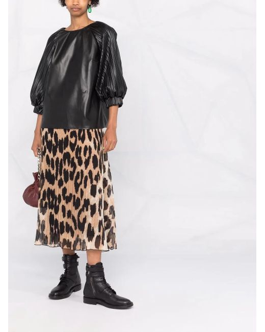 Karl Lagerfeld Black Vegan Leather Pleated-Sleeve Top