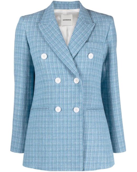 Sandro Blue Double-breasted Tweed Blazer