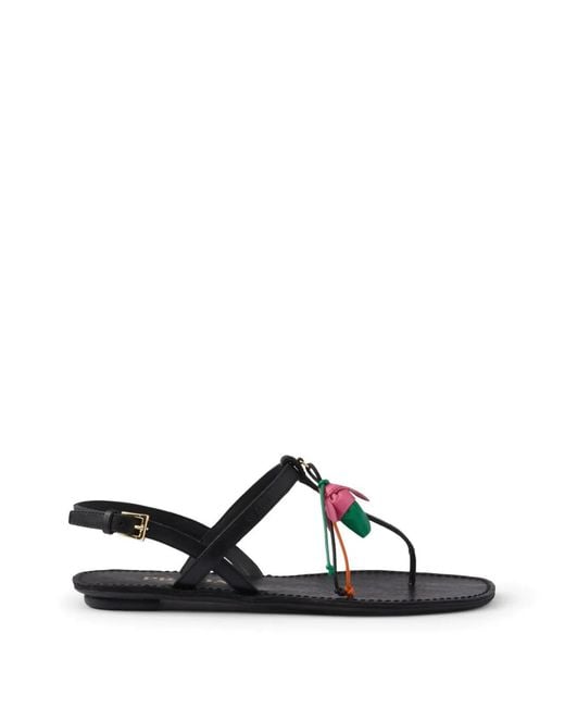Prada Black Antiqued Leather Thong Sandals With Floral Ornament
