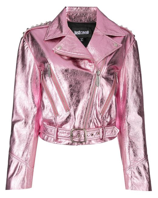 Just Cavalli Pink Metallic Cropped Biker Jacket