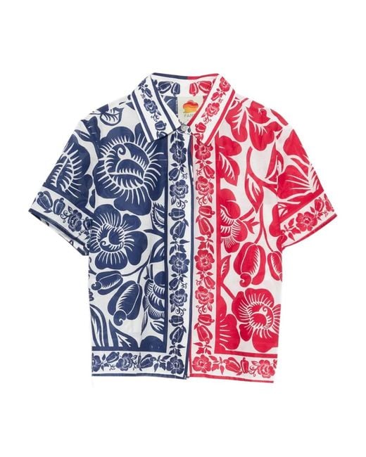 Farm Rio Blue Floral-print Short-sleeve Shirt
