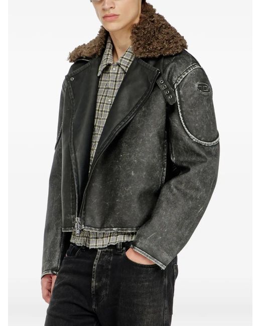DIESEL Black Biker Jacket With Detachable Collar for men